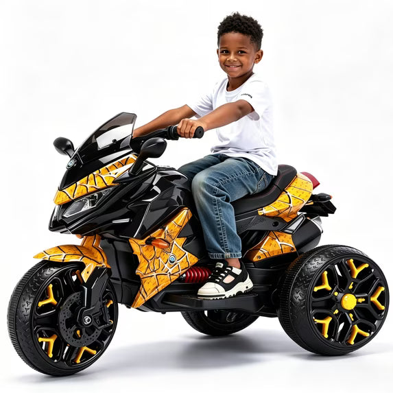 HNH Kids Motorcycle for 3-6 Year old, 3-Wheels Ride On Motorcycle, 12V Battery Powered Motorbike with PU Seat Training Wheels/Manual Throttle/Lighting Wheels/Wireless,Red