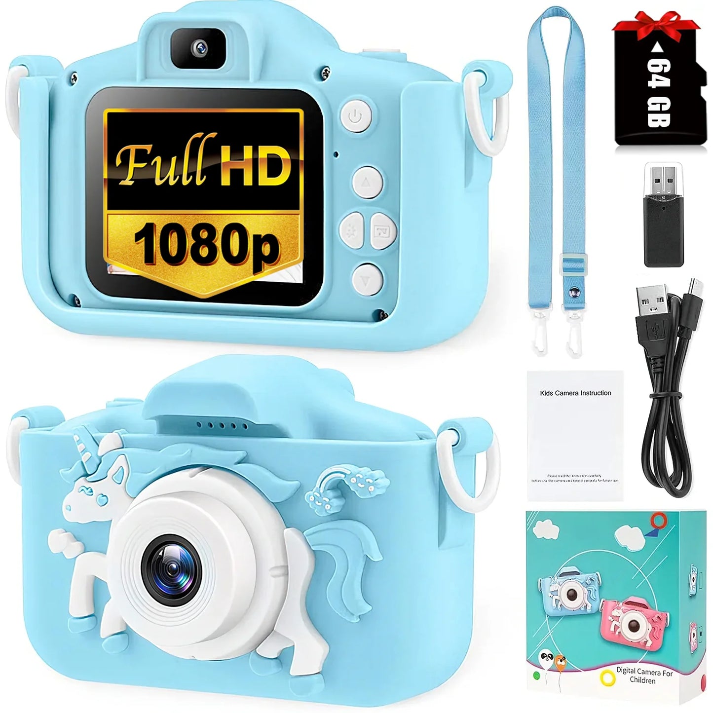 Unicorn Kids Camera with selfie for 3-12 Years Old Toddlers 48MP 1080HD with 64GB SD Card Christmas & Birthday Gift Digital Camera for Girls, Boys, Children Portable Camera Gift