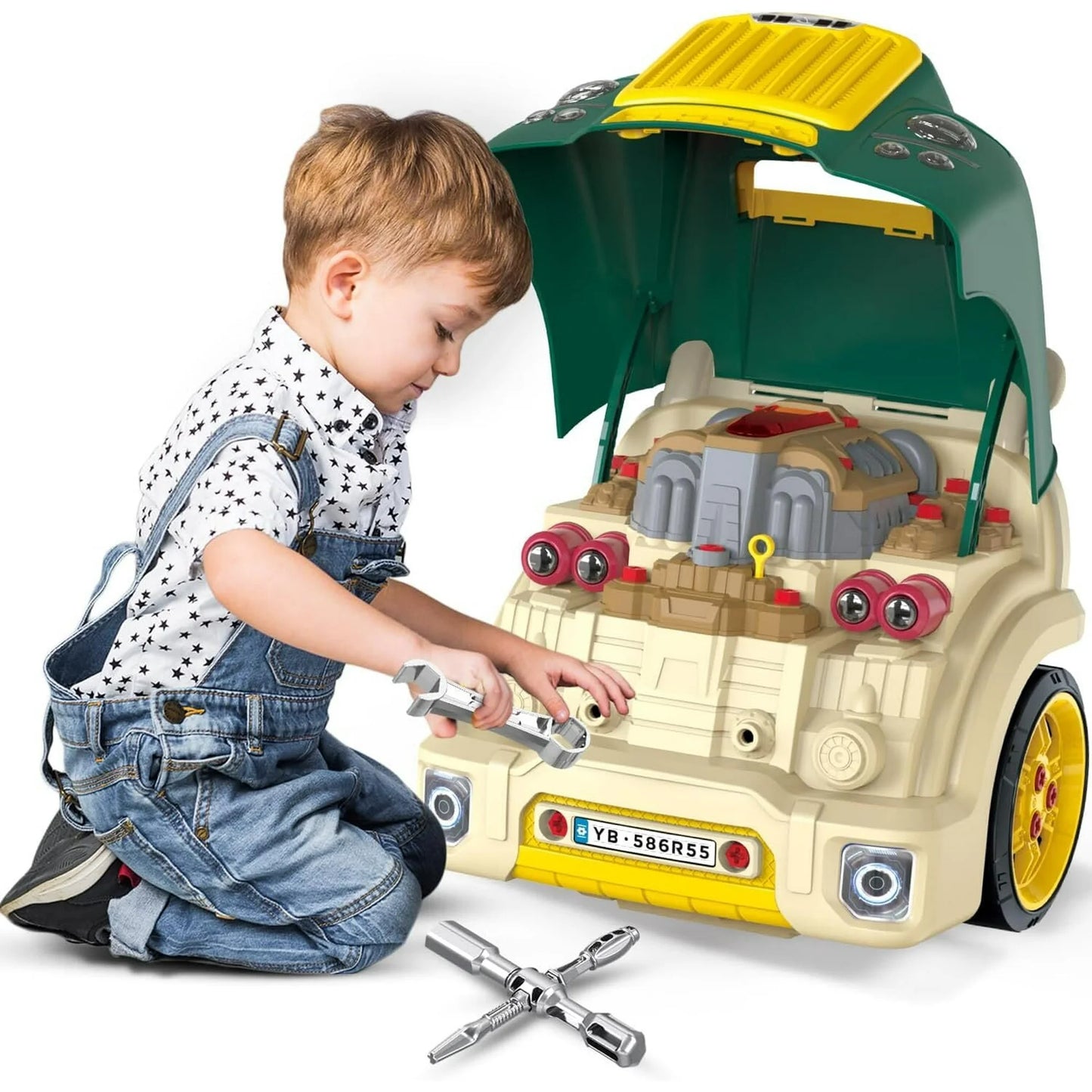 HNH Kids Truck Pretend Play Toy Set for 3-6, Kids Mechanic Repair Set, Big Large Car Builder Kit,Take Apart Motor Vehicle with Light Horn Alarm