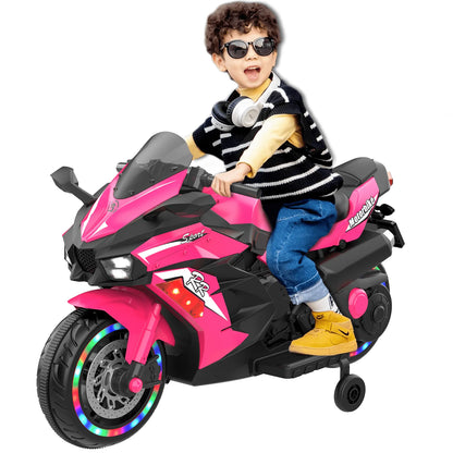 HNH 12V Ride on Toys for Girls, Electric Motorcycle Toys with Training Wheels, Powered Motorcycle with Music, Bluetooth, Lights