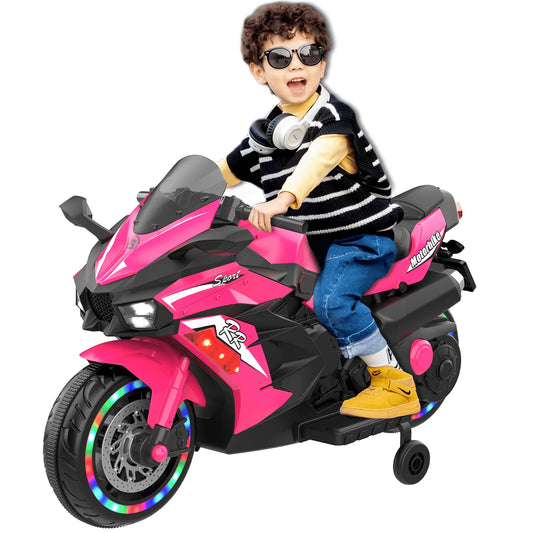 HNH 12V Ride on Toys for Girls, Electric Motorcycle Toys with Training Wheels, Powered Motorcycle with Music, Bluetooth, Lights
