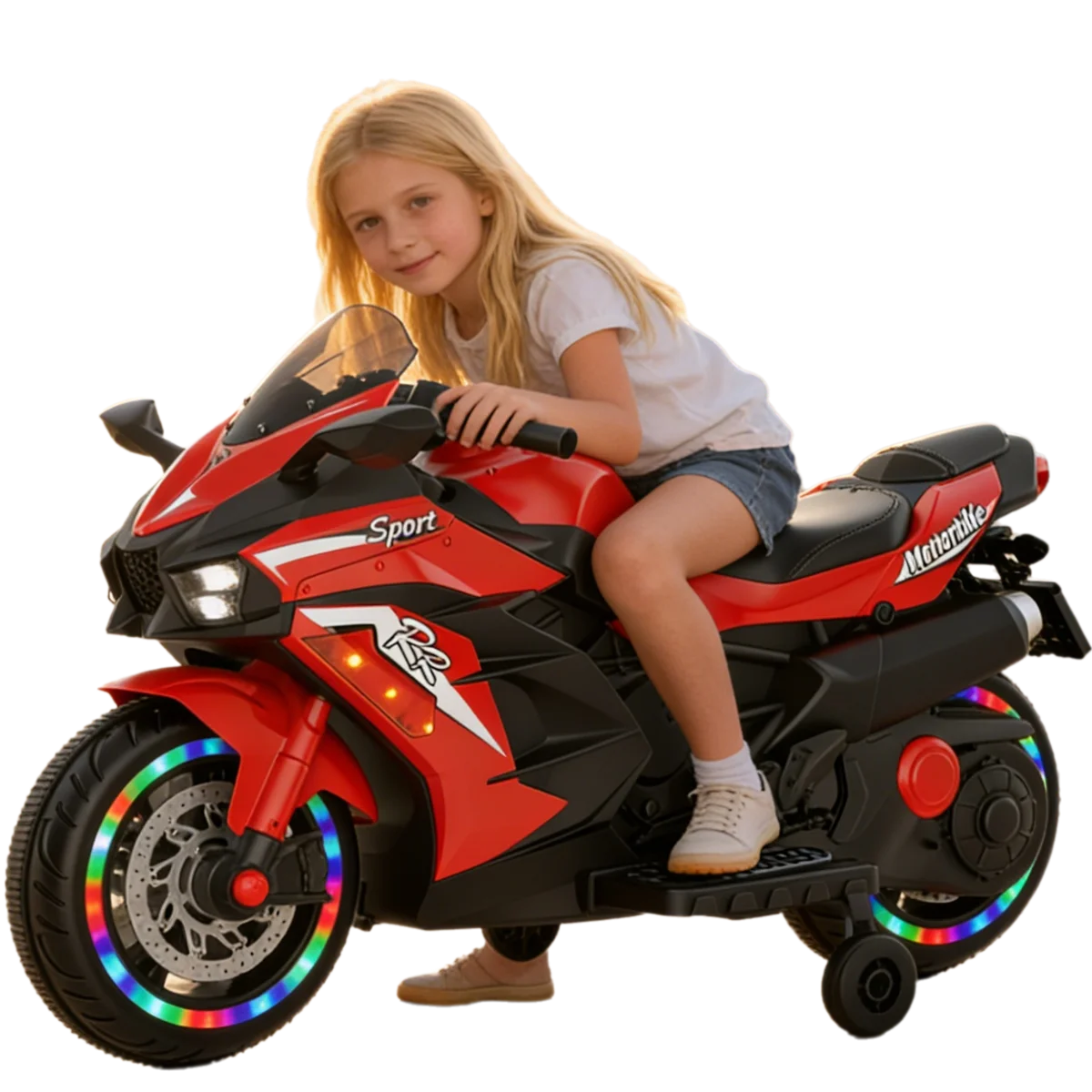 HNH 12V Ride on Motorcycle, Kids Motorcycle with Training Wheels, Electric Motorcycle with Music, Bluetooth, Lights
