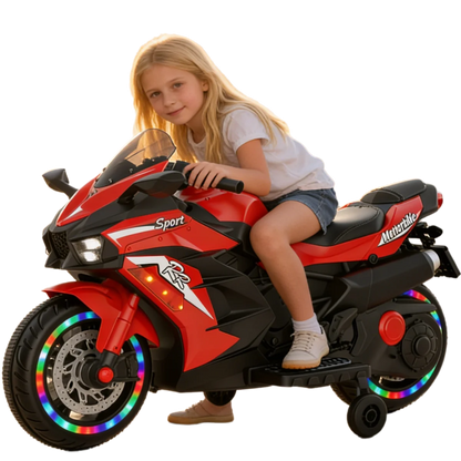 HNH 12V Ride on Motorcycle, Kids Motorcycle with Training Wheels, Electric Motorcycle with Music, Bluetooth, Lights