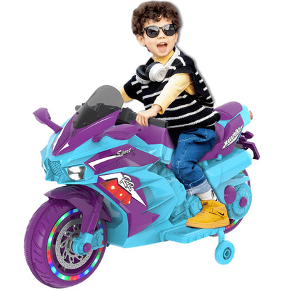 HNH 12V Ride on Motorcycle for Kids, Electric Motorcycle with Music, Bluetooth, Lights, Training Wheels