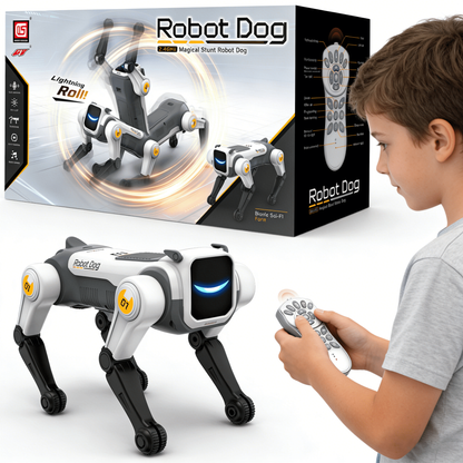 HNH Robot Dog Toy for Kids, 2.4Ghz Remote Control Stunt Dog with Music & Light, Voice Commands, White