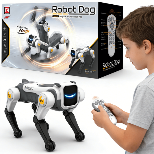 HNH Robot Dog Toy for Kids, 2.4Ghz Remote Control Stunt Dog with Music & Light, Voice Commands, White