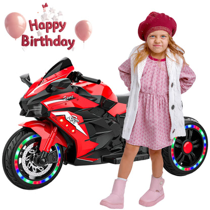 HONGLONG 12V Ride on Motorcycle for Kids, 3 Wheels Electric Motorcycle with LED Lights, Bluetooth Music, Red