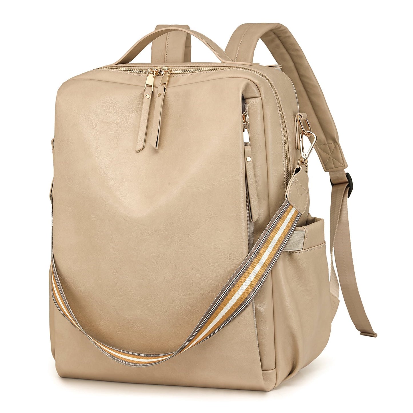 HONGLONG PU Leather Backpack for Women Fashion Multipurpose Design Convertible Backpack Purse Large Shoulder Bag Travel Bag Beige