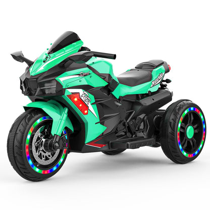 HONGLONG Ride on Toys 12v Battery Powered Ride on Motorcycle for Kids 3 Wheels Motorcycle with LED Lights Music Green,Child