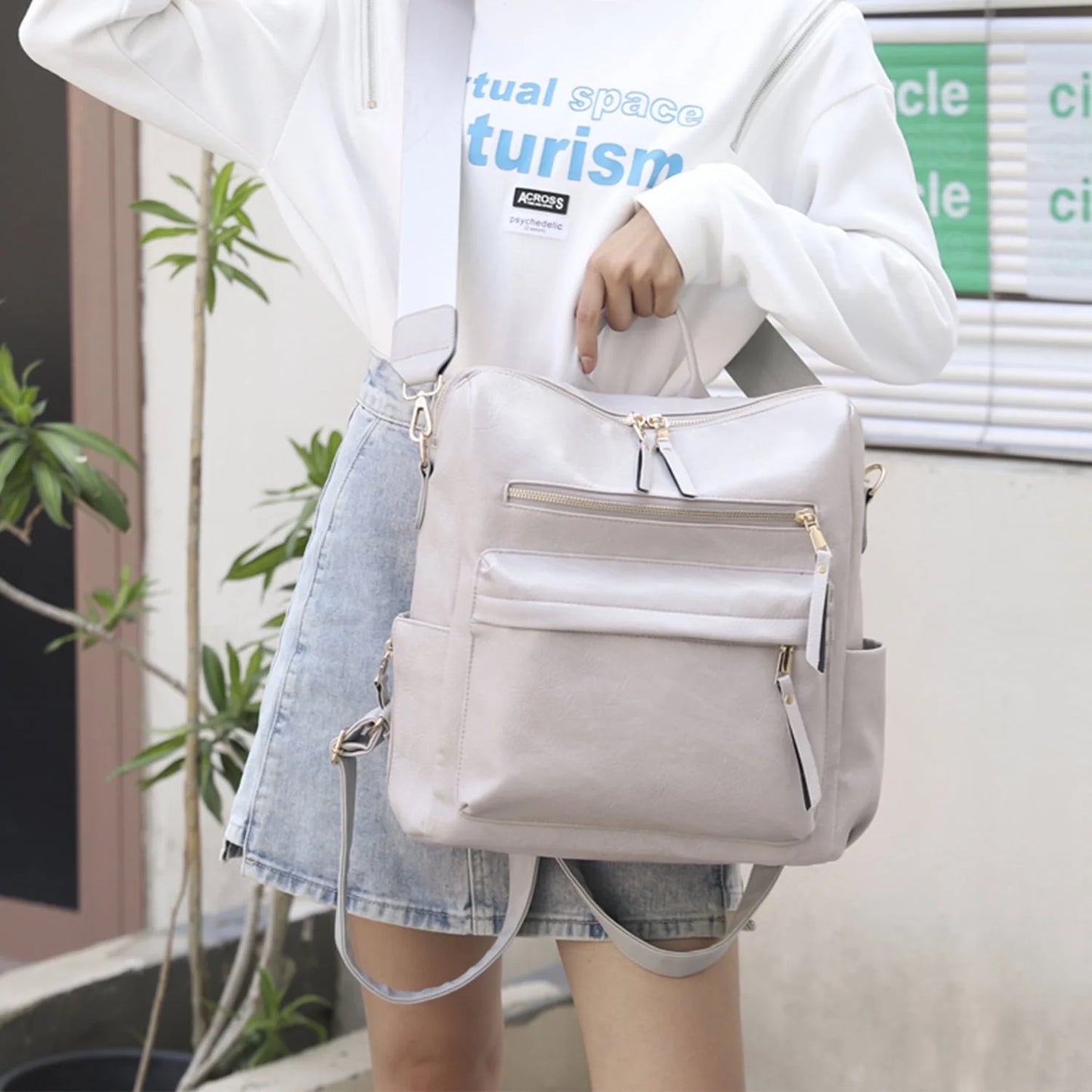 HONGLONG Women's Fashion Leather Backpack Purse Multipurpose Handbags Shoulder Bag Travel Bag,Gray