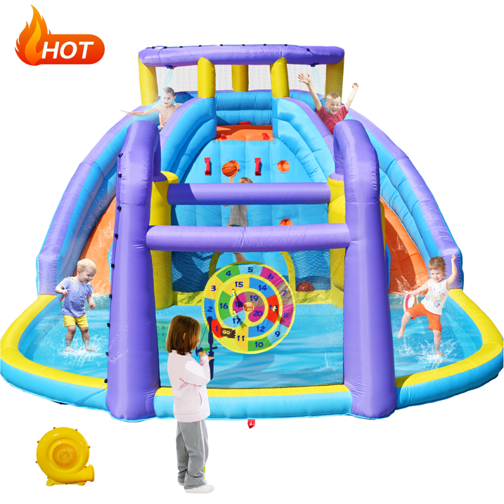 Oversized Infltable Water Slide, Large Water Bounce House with 750W Blower and 2 Water Slides, 175" x 165" x 90"