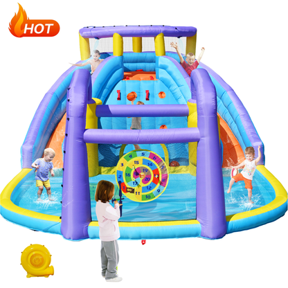 Oversized Infltable Water Slide, Large Water Bounce House with 750W Blower and 2 Water Slides, 175" x 165" x 90"
