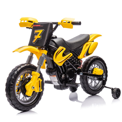 Motorcycle for Kids, 12V Electric Ride On Dirt Bike, 3.73 Mph Top Speed, Headlights, Training Wheels, Realistic Sounds, Music, Battery Charger-Yellow