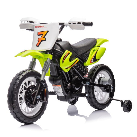Motorcycle for Kids, 12V Electric Ride On Dirt Bike, 3.73 Mph Top Speed, Headlights, Training Wheels, Realistic Sounds, Music, Battery Charger-Green