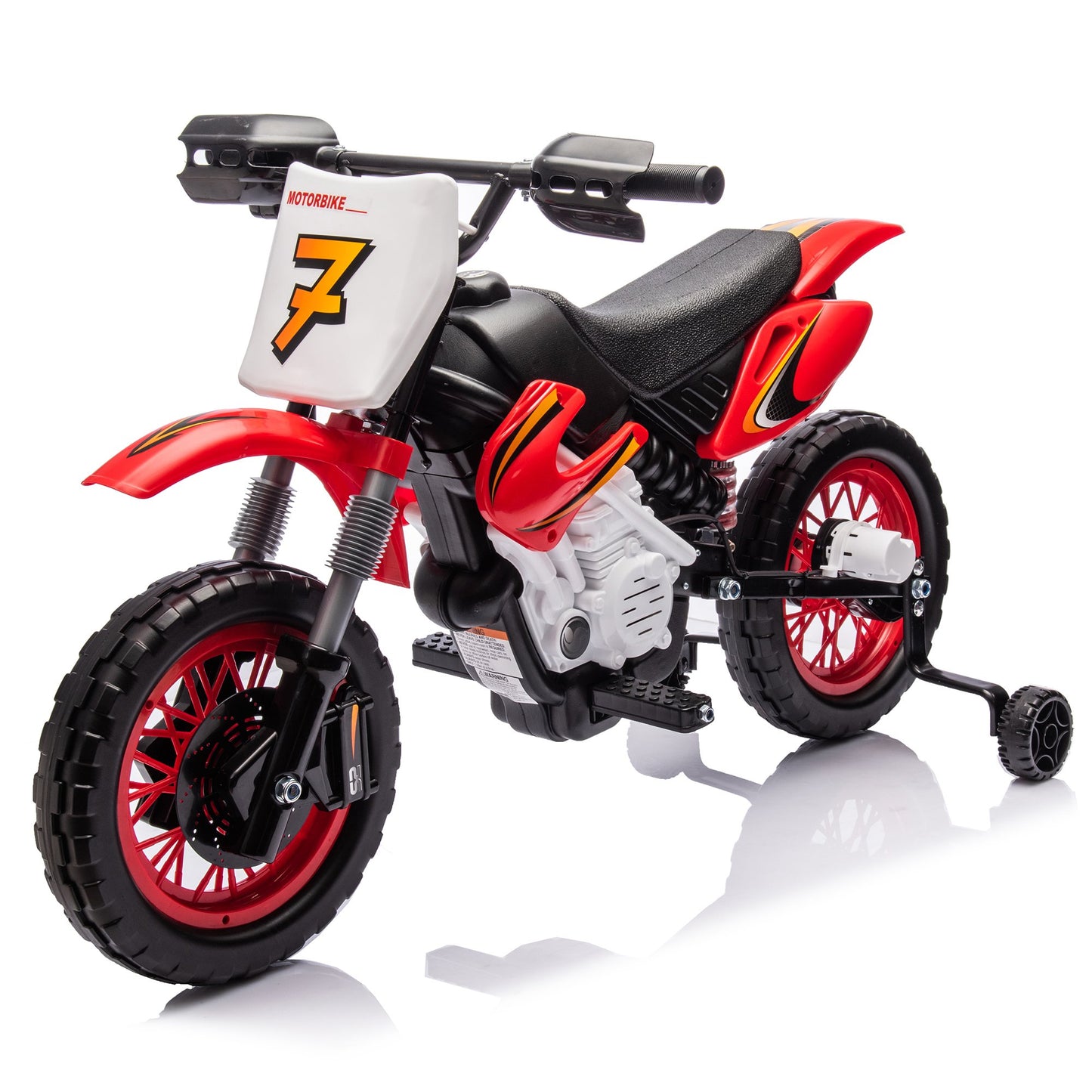 Motorcycle for Kids, 12V Electric Ride On Dirt Bike, 3.73 Mph Top Speed, Headlights, Training Wheels, Realistic Sounds, Music, Battery Charger-Red
