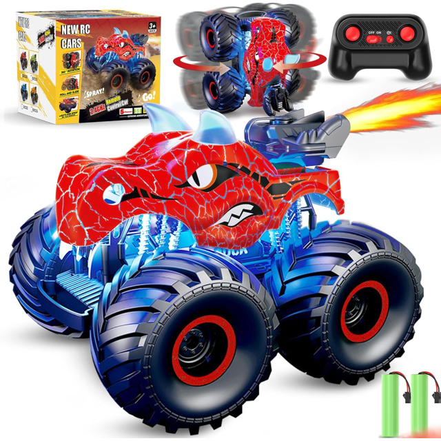 Remote Control Car, Monster Trucks RC Cars for Boys 4-12 with Spray, Light & Sound, Dinosaur Toys for Kids 3 4 5 6 7 8 with 2 Batteries, Gifts for Boys Girls