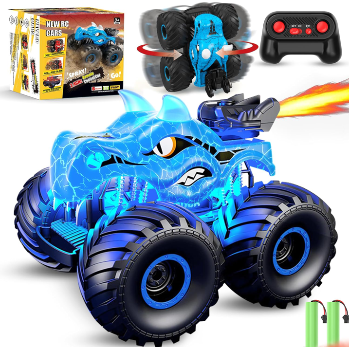 Dinosaur Remote Control Car, 2.4GHz RC Monster Trucks for Boys with Spray, Light & Sound, All Terrain RC Cars with 2 Batteries, Hobby RC Trucks for Kids 3 4 5 6 7 8, Christmas Birthday Gift