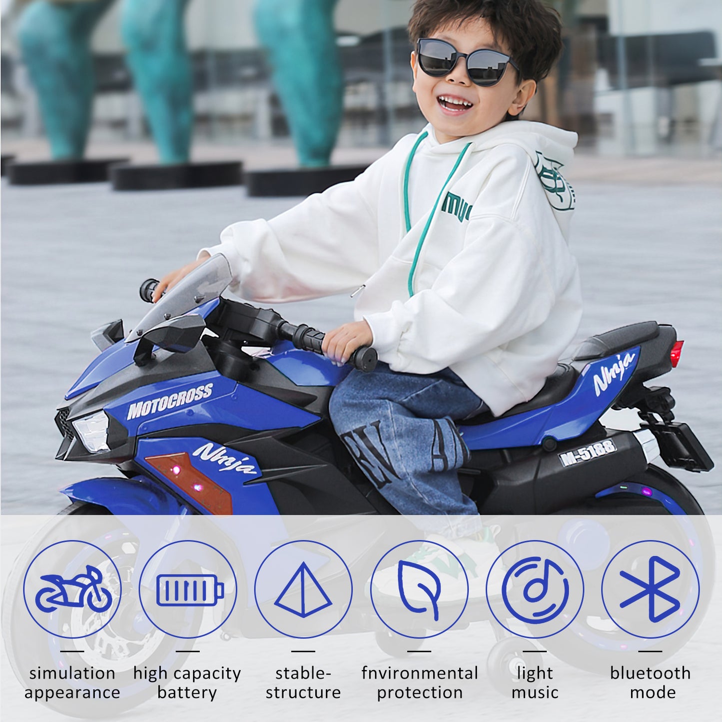 WUBEN 12V Battery Motorcycle Child Electric Car Kids Rechargeable Motorcycle(Blue)