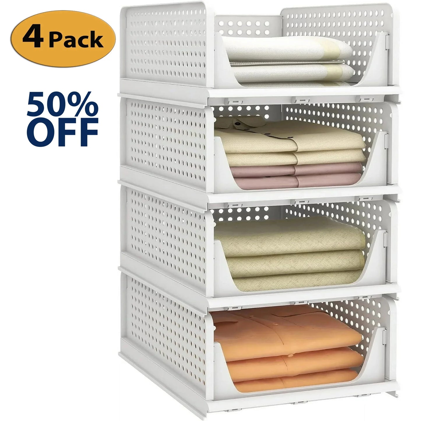 Stackable Plastic Storage Basket, 4 Pack Foldable Closet Organizers and Storage Bins, Closet Stackable Drawer Shelf Storage Container for Cupboard Bathroom Office Bedroom