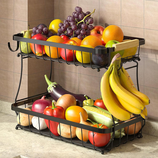 TECHVIDA 2 Tier Fruit Basket for Kitchen with 2 Banana Hangers, Detachable Metal Fruit Bowl for Kitchen Counter for Fruit and Vegetable Storage, Large Capacity Tiered Fruit Tray