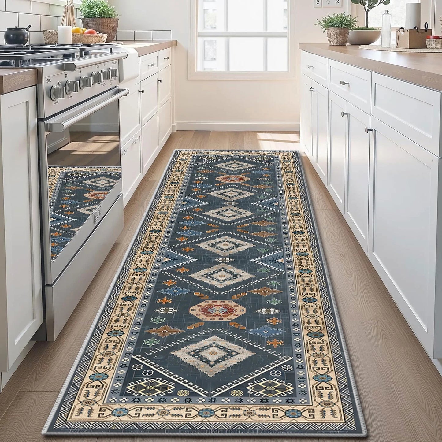 TECHVIDA 2'x8' Hallway Runner Rug Boho,Non Slip Machine Washable Rugs for Hallway Kitchen,Dark Blue