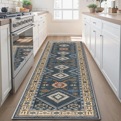 TECHVIDA 2'x8' Hallway Runner Rug Boho,Non Slip Machine Washable Rugs for Hallway Kitchen,Dark Blue