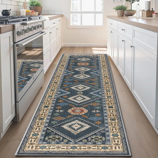 TECHVIDA 2'x8' Hallway Runner Rug Boho,Non Slip Machine Washable Rugs for Hallway Kitchen,Dark Blue