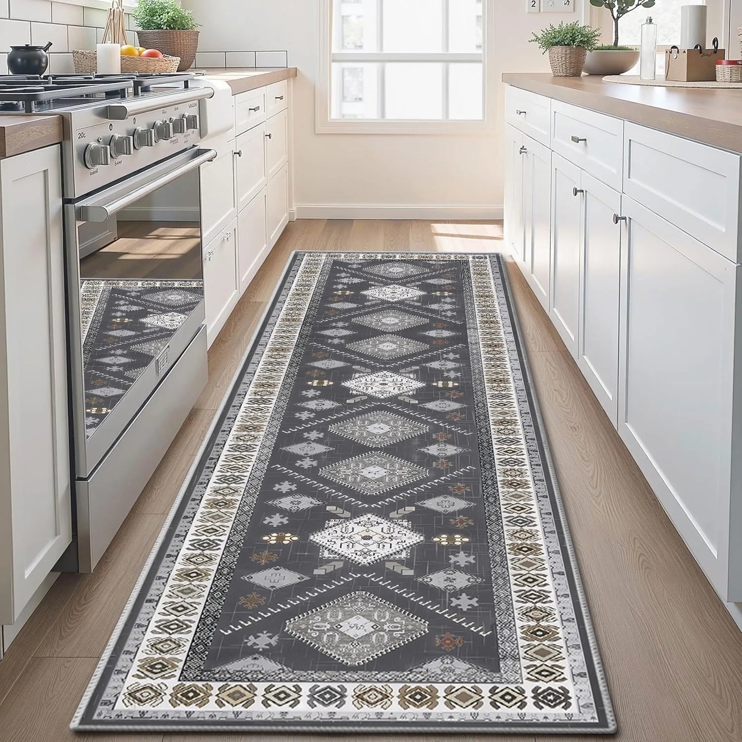 TECHVIDA 2'x8' Hallway Runner Rug Boho,Non Slip Machine Washable Rugs for Hallway Kitchen,Dark Grey