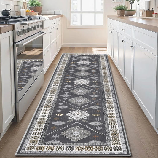 TECHVIDA 2'x8' Hallway Runner Rug Boho,Non Slip Machine Washable Rugs for Hallway Kitchen,Dark Grey