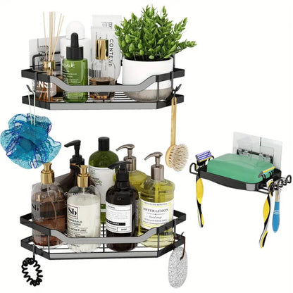 TECHVIDA 3 PCS Corner Shower Caddy Organizer, 2 Tier Self-Adhesive Bathroom Organizer Shower Caddy Basket With Soap Holder, No Drilling Wall Mounted Rustproof Stainless Steel Bath Rack Black