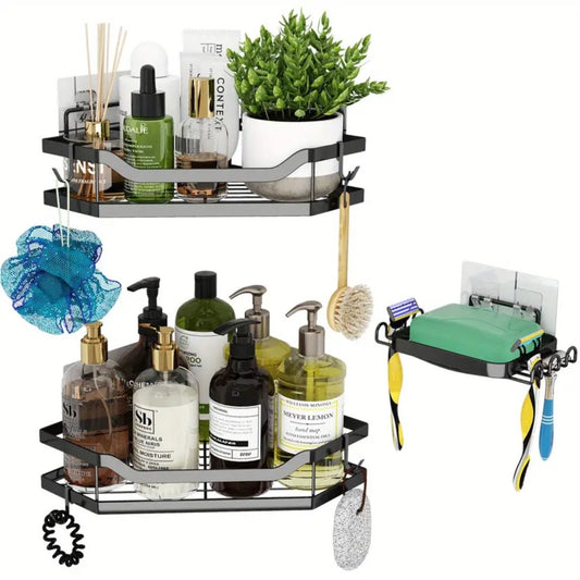 TECHVIDA 3 PCS Corner Shower Caddy Organizer, 2 Tier Self-Adhesive Bathroom Organizer Shower Caddy Basket With Soap Holder, No Drilling Wall Mounted Rustproof Stainless Steel Bath Rack Black