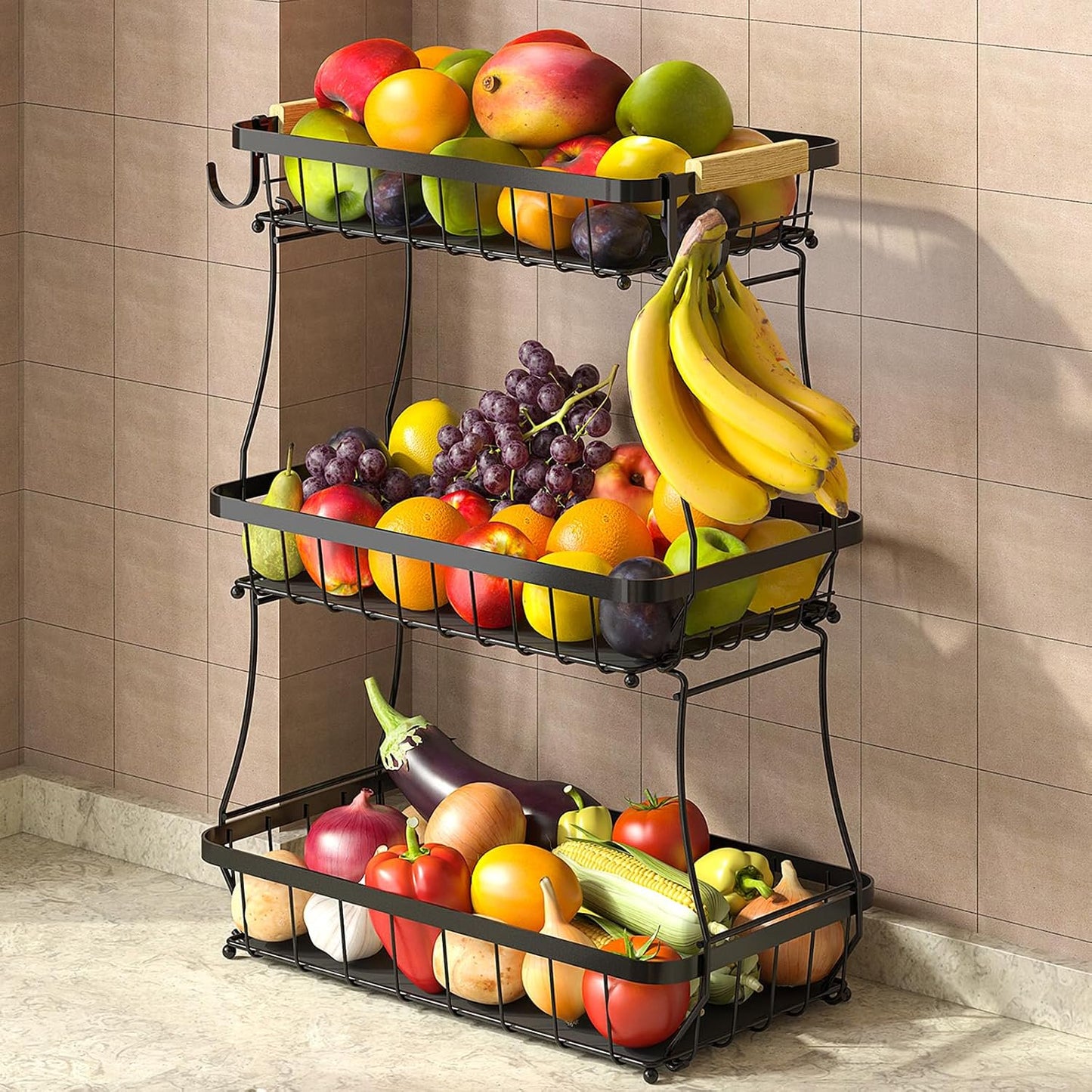 TECHVIDA 3 Tier Fruit Basket for Kitchen with 2 Banana Hangers, Detachable Metal Fruit Bowl for Kitchen Counter for Fruit and Vegetable Storage, Banana Holder for Bread Snack Organizer