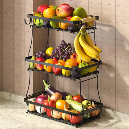 TECHVIDA 3 Tier Fruit Basket for Kitchen with 2 Banana Hangers, Detachable Metal Fruit Bowl for Kitchen Counter for Fruit and Vegetable Storage, Banana Holder for Bread Snack Organizer