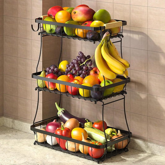 TECHVIDA 3 Tier Fruit Basket for Kitchen with 2 Banana Hangers, Detachable Metal Fruit Bowl for Kitchen Counter for Fruit and Vegetable Storage, Banana Holder for Bread Snack Organizer