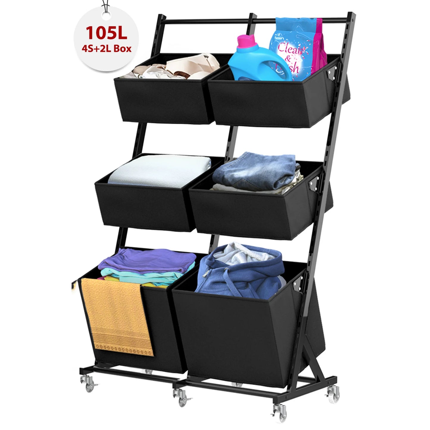 TECHVIDA 3 Tier Metal Rolling Laundry Basket Cart, Adjustable Freestanding Laundry Hamper with 6 Storage Baskets, Laundry Clothes Storage Cart