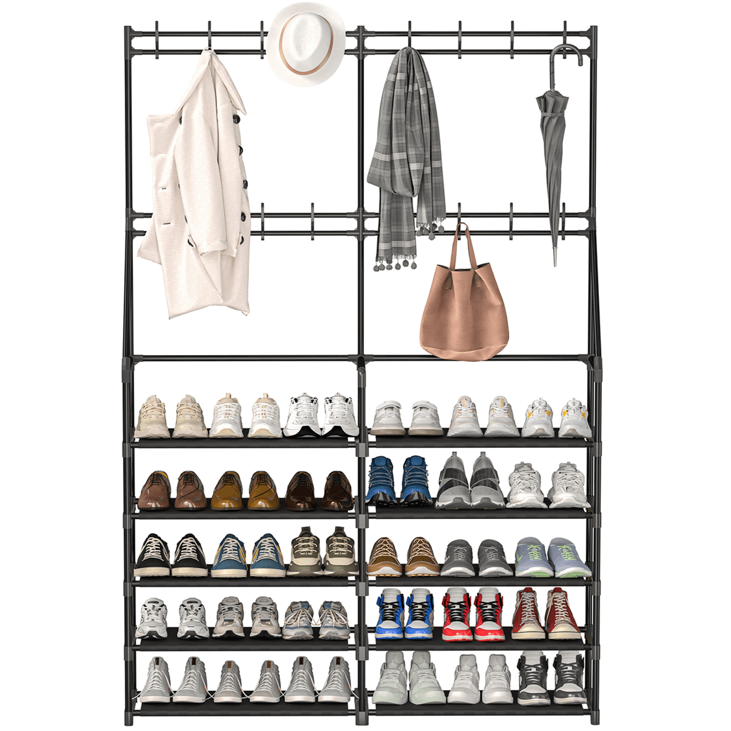TECHVIDA Shoe Rack,Shoe Organizer 5-Tier,Coat Rack with Shoe Storage Coat Rack,16 Hooks,50 Pairs Shoe Shelf for Entryway,Black