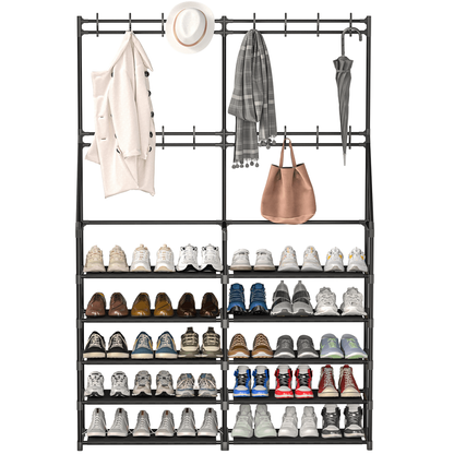 TECHVIDA Shoe Rack,Shoe Organizer 5-Tier,Coat Rack with Shoe Storage Coat Rack,16 Hooks,50 Pairs Shoe Shelf for Entryway,Black
