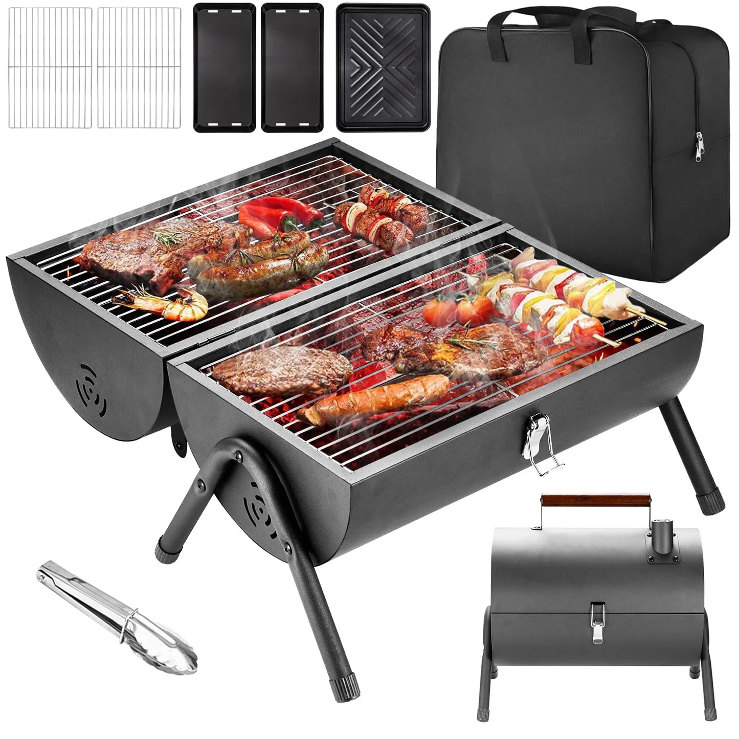 TECHVIDA Portable Charcoal Grill,Portable Grill,Tabletop Outdoor Barbecue Smoker,Bag Fitting, Grill for Camping and Picnics