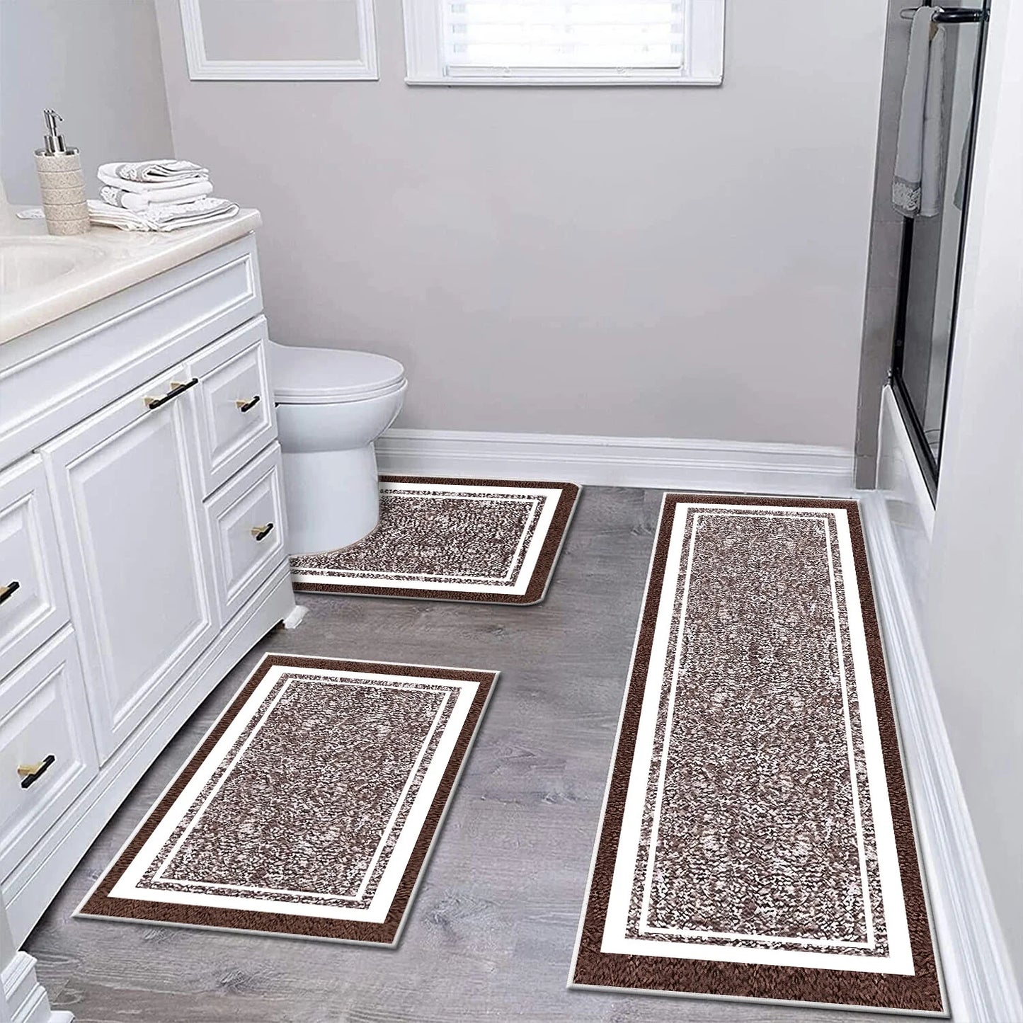 TECHVIDA Bathroom Rugs 3pcs Set,Non-Slip Ultra Soft Bath Rugs,Machine Washable,Water Absorbent,Dark Brown