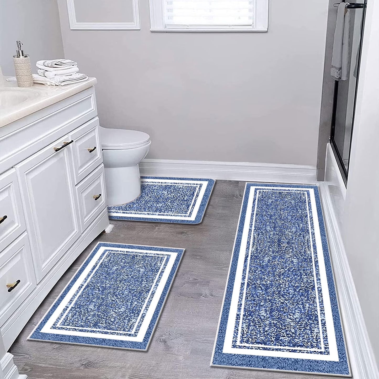 TECHVIDA Bathroom Rugs 3pcs Set,Non-Slip Ultra Soft Bath Rugs,Machine Washable,Water Absorbent,Light Blue