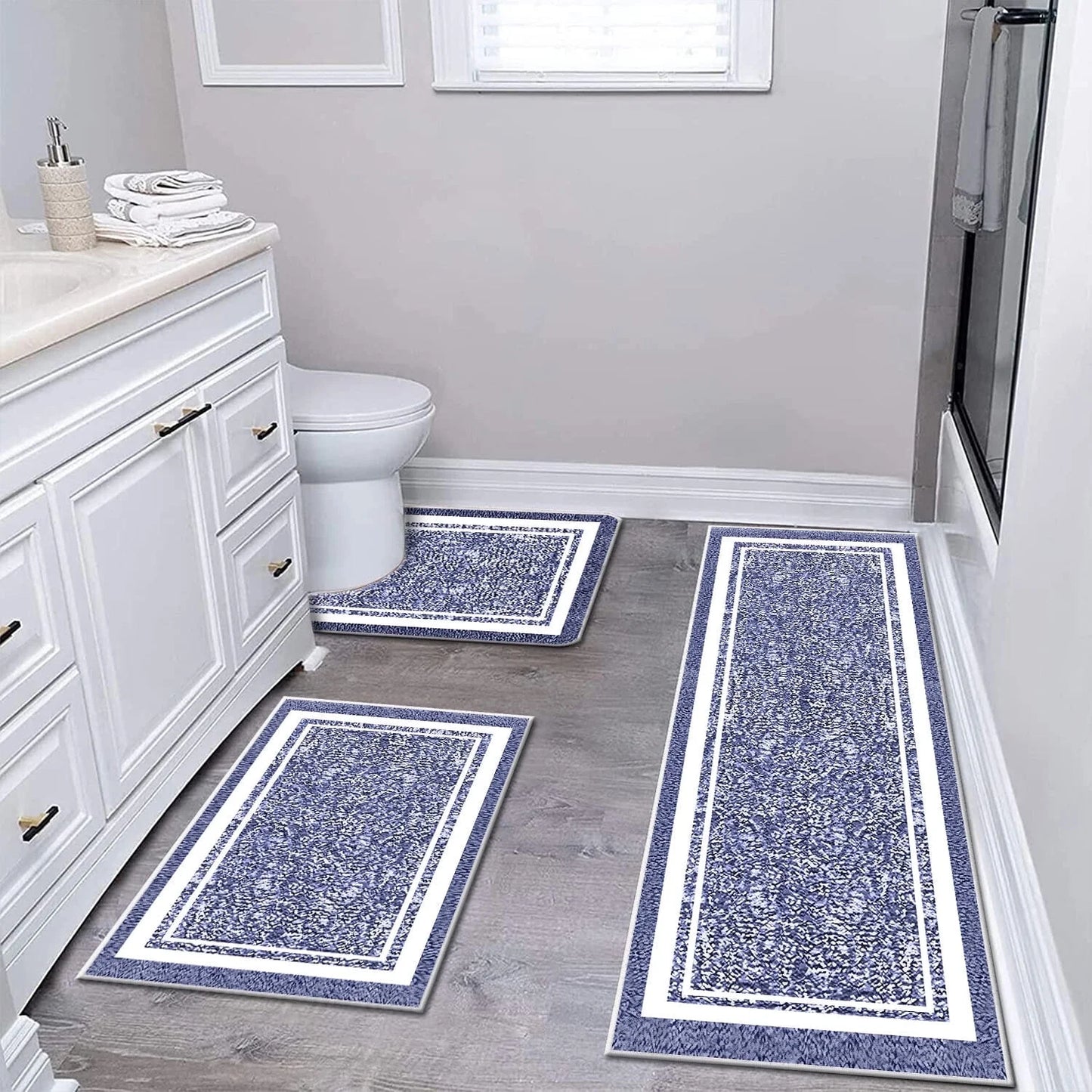 TECHVIDA Bathroom Rugs 3pcs Set,Non-Slip Ultra Soft Bath Rugs,Water Absorbent,Machine Washable,Dark Blue