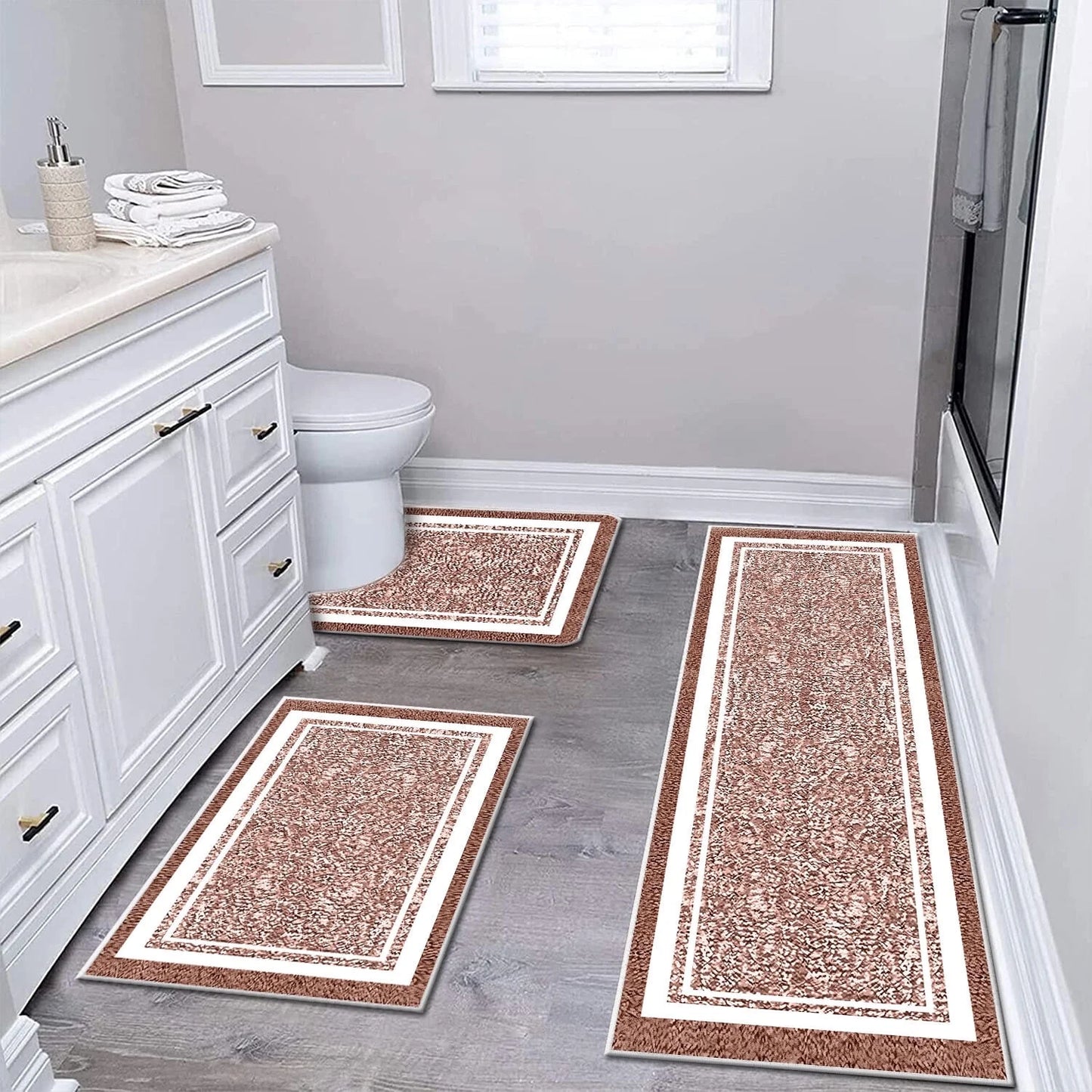 TECHVIDA Bathroom Rugs 3pcs Set,Non-Slip Ultra Soft Rugs,Water Absorbent,Machine Washable,Brick Red