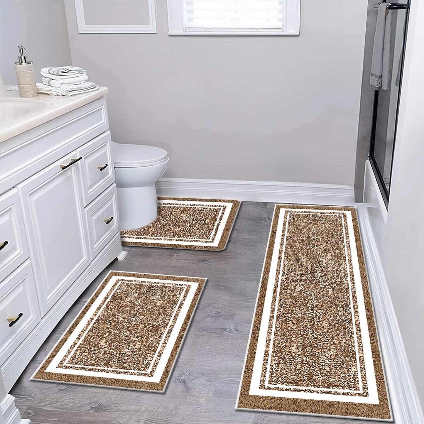 TECHVIDA Bathroom Rugs 3pcs Set,Non-Slip Ultra Soft Bath Rugs,Machine Washable,Water Absorbent,Light Brown