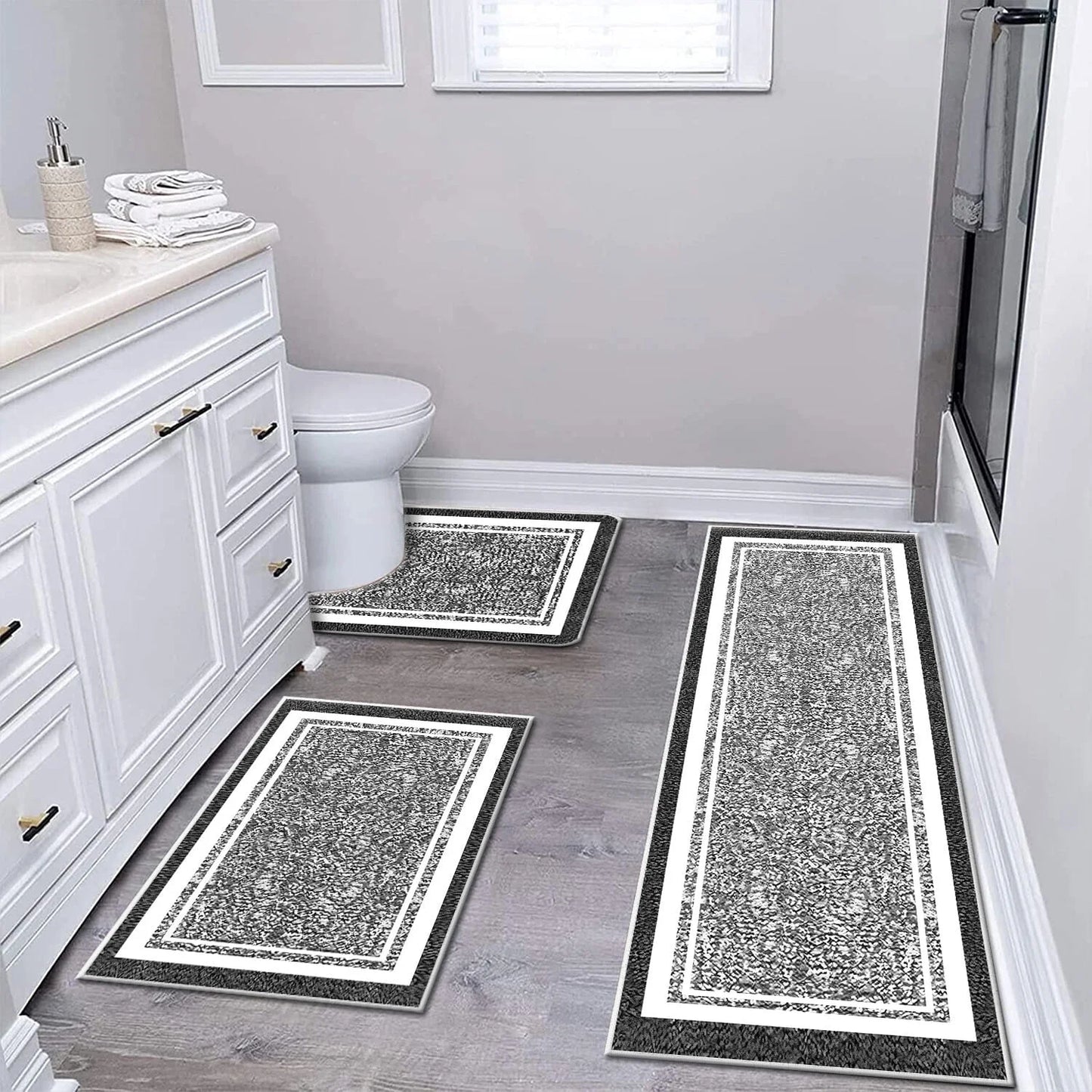 TECHVIDA Bathroom Rugs 3pcs Set,Non-Slip Ultra Soft Bath Rugs,Machine Washable,Water Absorbent,Black