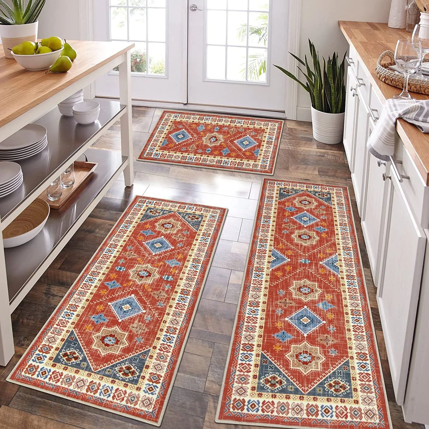 TECHVIDA Boho Kitchen Rug Sets 3 Piece with Runner Non Slip Kitchen Rugs and Mats Washable Kitchen Mats for Floor Thick Kitchen Floor Mat Carpet Runner Rugs for Hallway Laundry Holiday Decor