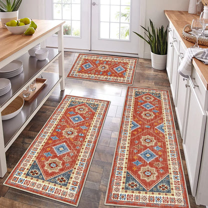 TECHVIDA Boho Kitchen Rug Sets 3 Piece with Runner Non Slip Kitchen Rugs and Mats Washable Kitchen Mats for Floor Thick Kitchen Floor Mat Carpet Runner Rugs for Hallway Laundry Holiday Decor