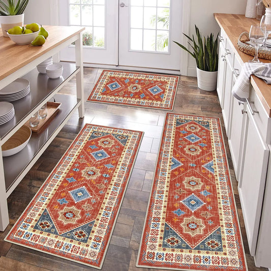TECHVIDA Boho Kitchen Rug Sets 3 Piece with Runner Non Slip Kitchen Rugs and Mats Washable Kitchen Mats for Floor Thick Kitchen Floor Mat Carpet Runner Rugs for Hallway Laundry Holiday Decor