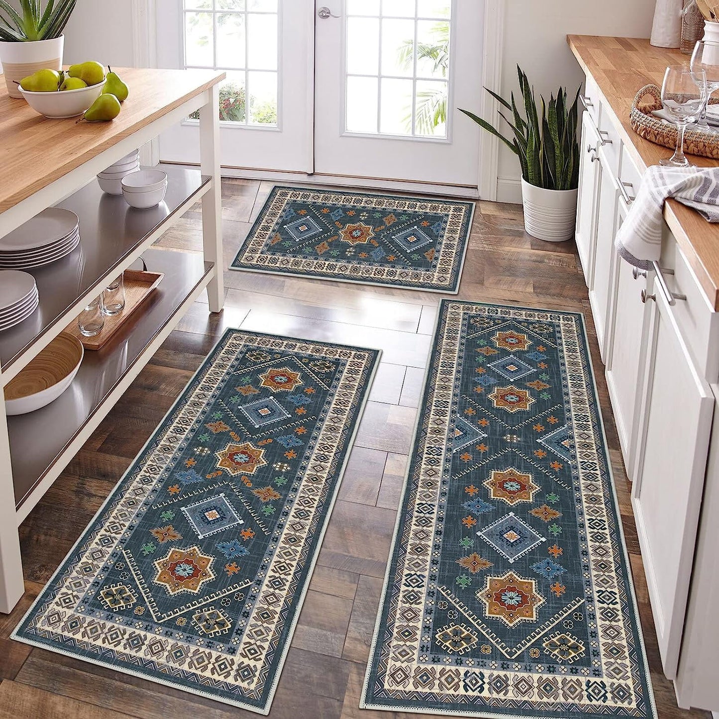 TECHVIDA Boho Kitchen Rug Sets 3 Piece with Runner Non Slip Kitchen Rugs and Mats Washable Kitchen Mats for Floor Thick Kitchen Floor Mat Carpet Runner Rugs for Hallway Laundry Holiday Decor