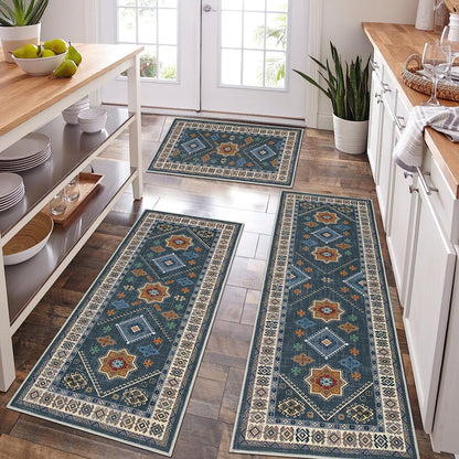 TECHVIDA Boho Kitchen Rug Sets 3 Piece with Runner Non Slip Kitchen Rugs and Mats Washable Kitchen Mats for Floor Thick Kitchen Floor Mat Carpet Runner Rugs for Hallway Laundry Holiday Decor