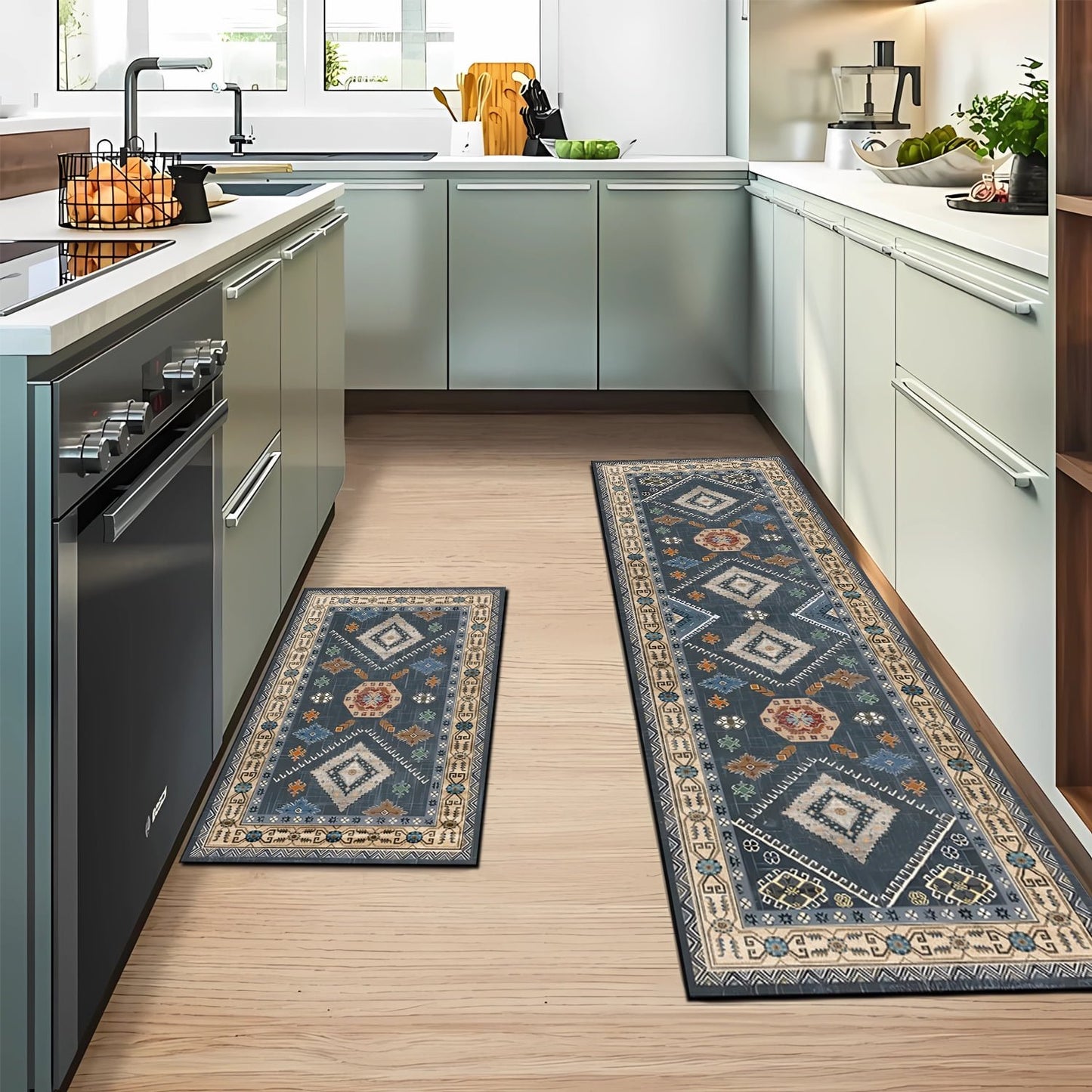 TECHVIDA Boho Kitchen Rugs Sets 2 Piece with Runner Non Slip Kitchen Rugs and Mats Washable Kitchen Mats for Floor Thick Kitchen Floor Mat Carpet Runner Rugs for Hallway Laundry Holiday Decor